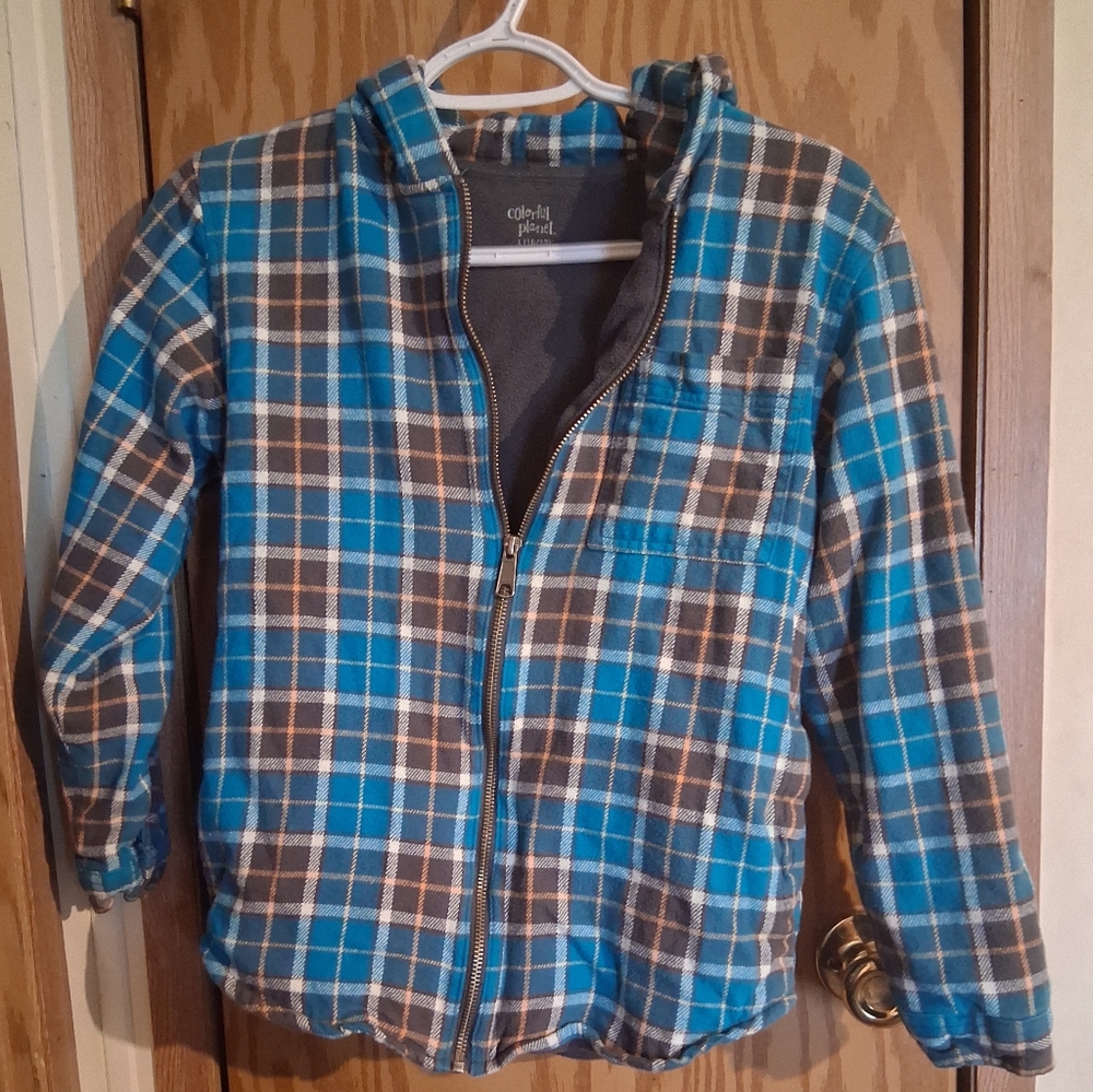 Colorful Planet Blue and Brown Plaid Zip-Up Jacket Kids Large